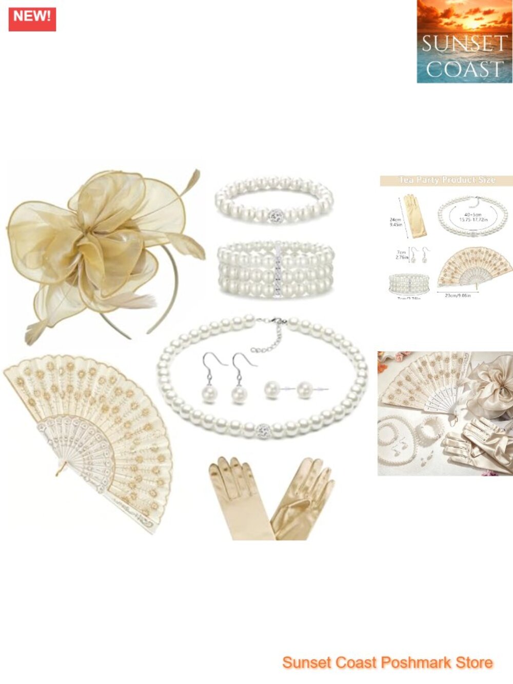 Women's Tea Party Costume Accessory Set Fascinator Hat Gloves Lace Fan Pearl